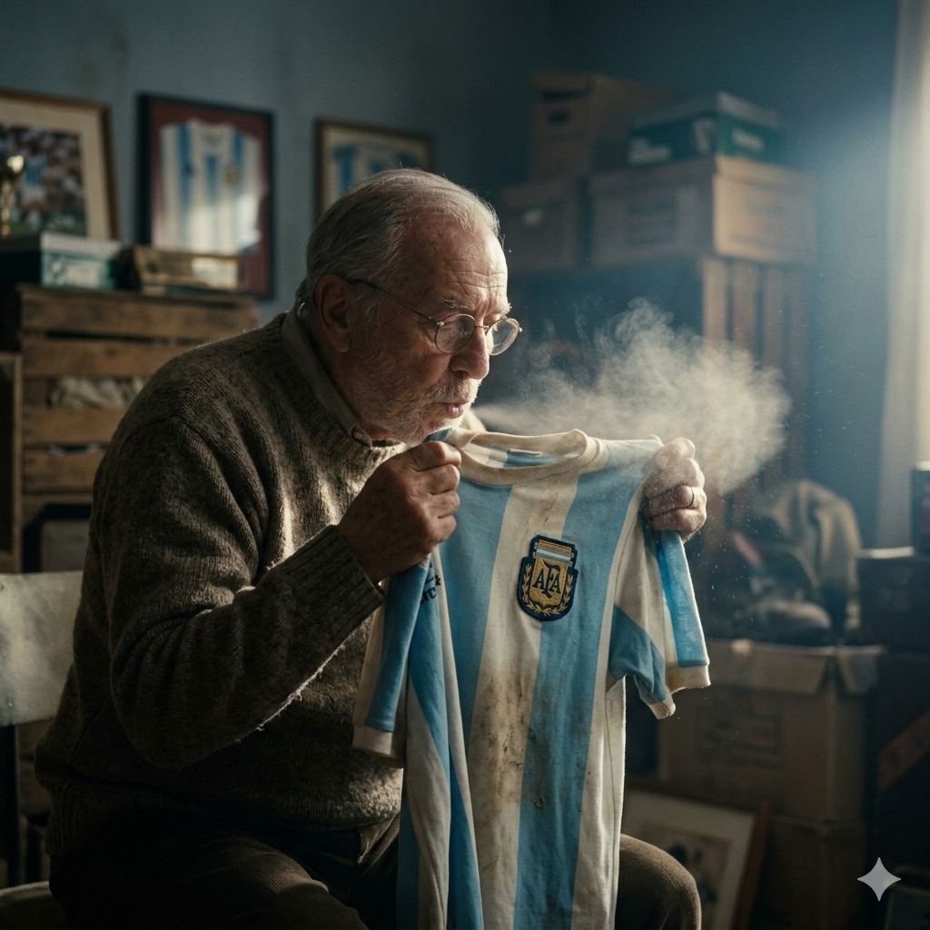 Camiseta super especial argentina de coleccion siendo recogida por un señor adulto.