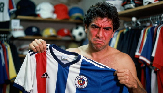 Hombre enojado porque su camiseta nueva no es de su talla.