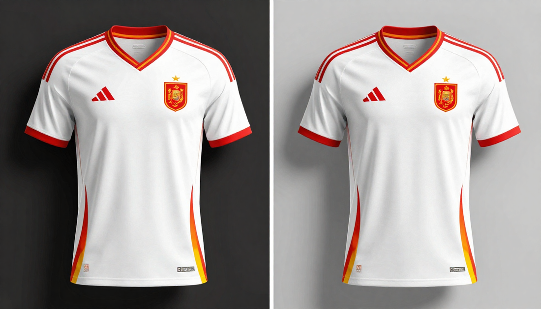 Comparativa jersey España blanco fan y jugador, detalles rojos y amarillos