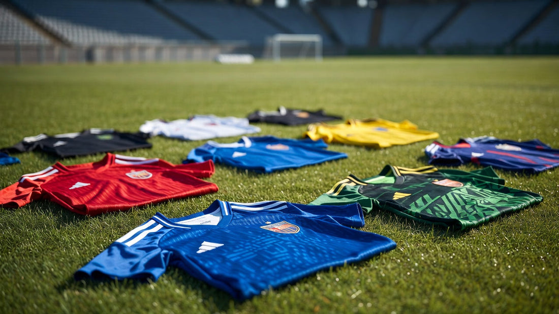Camisetas de futbol 2026 tendidas sobre un campo de futbol.